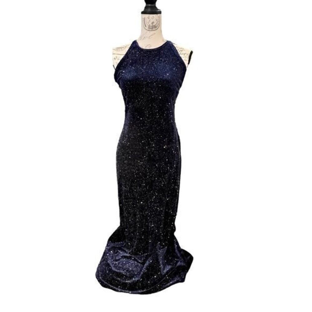 Jump Apparel by Wendye Chaitin Velvet Gown Dress Size 7/8 Blue Multi Glitter USA